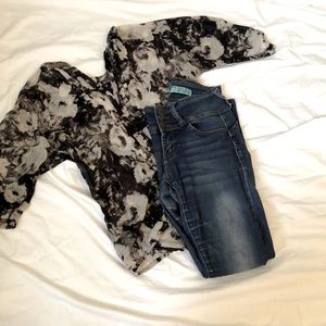 Black/ Grey dress top, Blue jeans